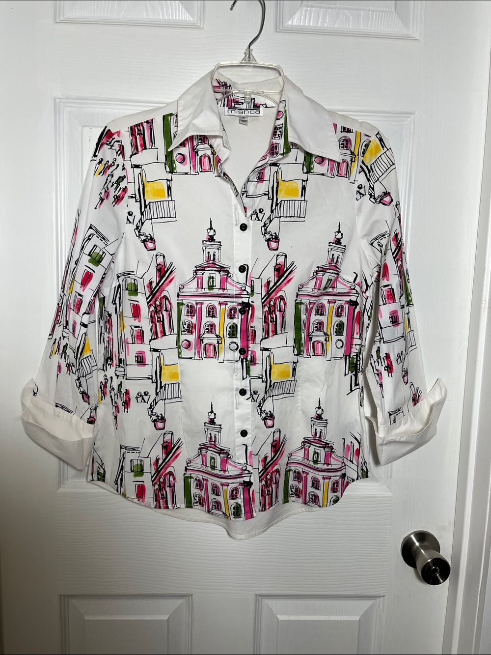 Mishca White Scenic Print Button-Down Shirt with Pink, Green & Yellow Accents